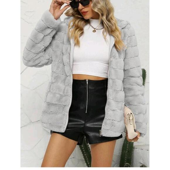 Jackets & Blazers - Bellivera Sherpa Coat Women's Large Gray Faux Shearling Jacket Fluffy Stylish